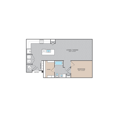 A floor plan of a living/dining room with a bedroom and a bathroom.
